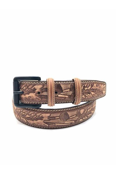 GİRAY Genuine Leather Antique Tan Told Effect Oak Pattern Belt (Black Buckle)