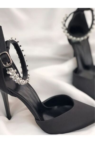 TOBAİ Pantofi stiletto cu toc înalt, confortabili, cu ștrasuri, satin negru