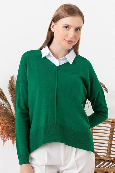 AQE FASHION Pulover de damă verde cu nasturi laterali, cu guler de cămașă