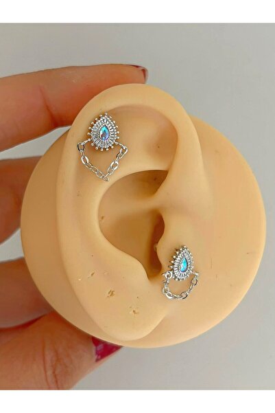 Arescollection CERRAHİ ÇELİK DAMLA MODEL ZİNCİRLİ 1 ADET HELİX TRAGUS LOBE UY...