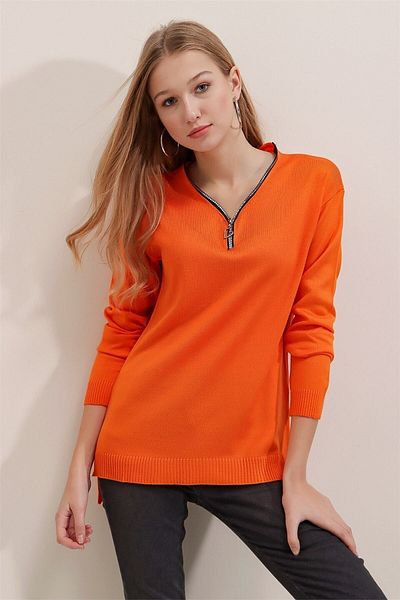 AQE FASHION Pulover de damă portocaliu cu fermoar cu guler