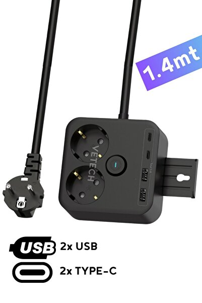 Vetech Akım Korumalı Priz 2'li Priz / 2x USB Girişi / 2x TYPE-C Girişi 1.4mt Kablo Grup Priz