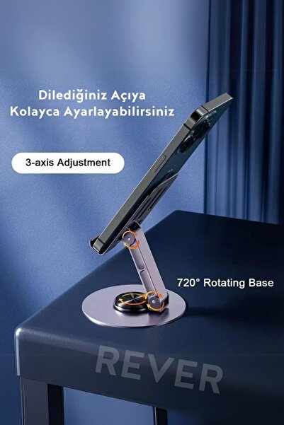 Rever Masaüstü Telefon Tutucu Metal Katlanabilir 360° Ayarlanabilir Yükseklik ve Açı Ayarlı