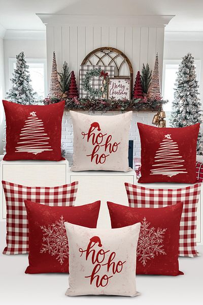 Bertille Home New Year Series - Double Sided Digital Printed 8-Piece Throw Pillow Cover Set (Christmas Christmas Pillow Cover)