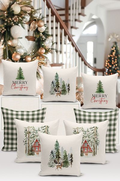 Bertille Home New Year Series - Double Sided Digital Printed 8-Piece Throw Pillow Cover Set (Christmas Christmas Pillow Cover)