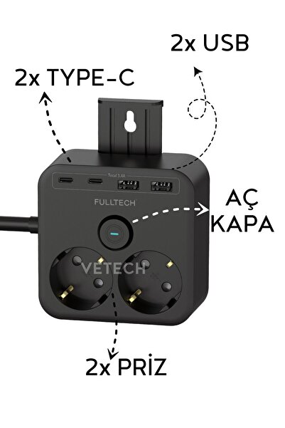 Vetech Akım Korumalı Priz 2'li Priz / 2x USB Girişi / 2x TYPE-C Girişi 1.4mt Kablo Grup Priz