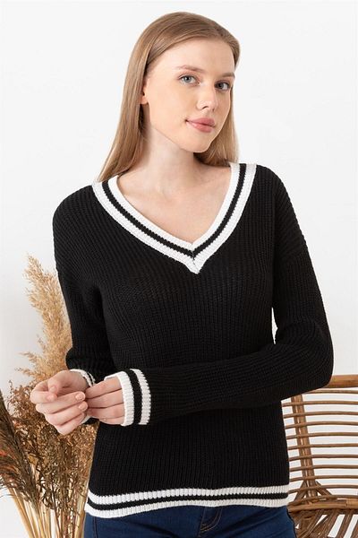 AQE FASHION Pulover de damă cu dungi negre cu decolteu în V