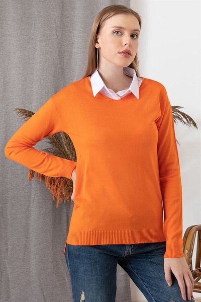 AQE FASHION Pulover de damă portocaliu cu guler cămașă