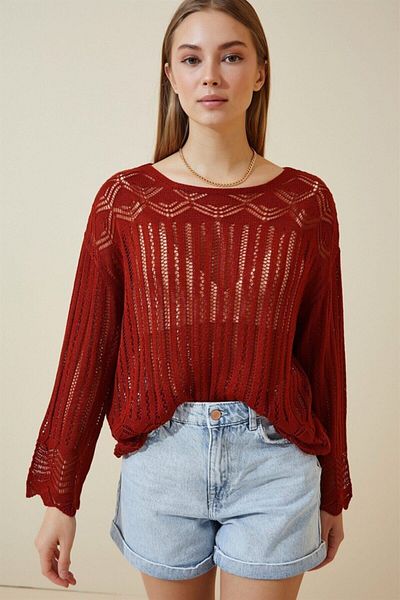 AQE FASHION Women's Openwork Knitted Tile Blouse