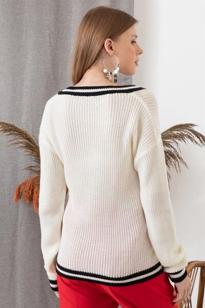 AQE FASHION Pulover de damă cu dungi albe cu decolteu în V