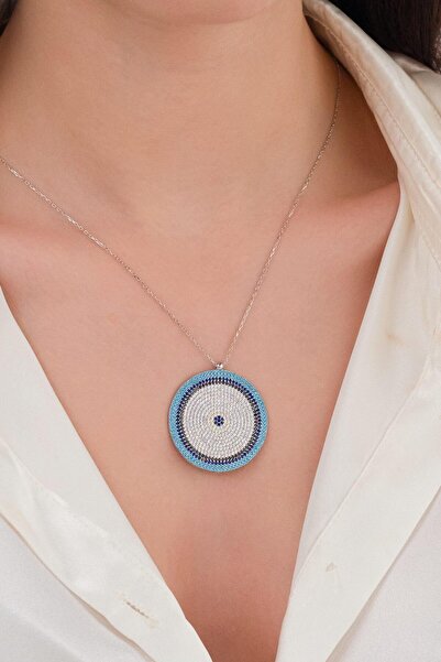 Tmt Silver 35 mm Gümüş Turkuaz ve Zirkon Taşlı Nazar Boncuğu Boncuklu Kolye