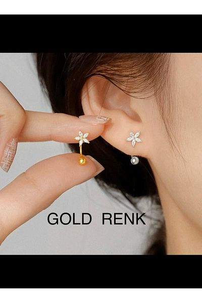 Arescollection Zircon Stone Flower Model Piercing Earrings - 1 Piece, Earlobe and Helix Tragus Rook Compatible