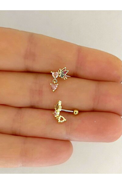 Arescollection CERRAHİ ÇELİK ZİRKON TAŞLI PEMBE KALPLİ TRAGUS KIKIRDAK HELİX ...