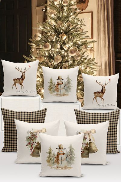 Bertille Home New Year Series - Double Sided Digital Printed 8-Piece Throw Pillow Cover Set (Christmas Christmas Pillow Cover)