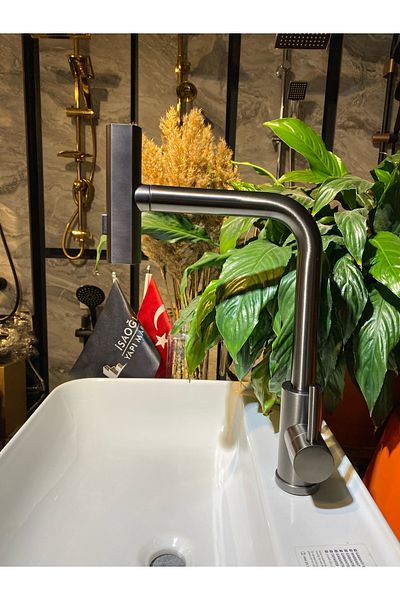 İSAOĞLU YAPI Anthracite Kitchen Faucet Anthracite Gray Spiral Sink Faucet Extending System Waterfall Flow