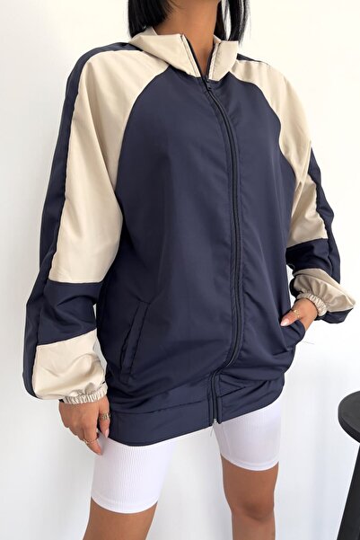 MSRT Kadın Lacivert Oversize İnce Yağmurluk Ceket