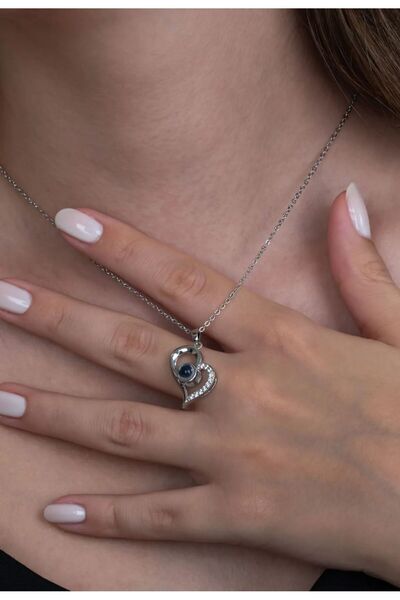 KANDEMİR GROUP Takı 100 Dilde Seni Seviyorum Kolyesi Kalp Zirkon Taşlı Detaylı