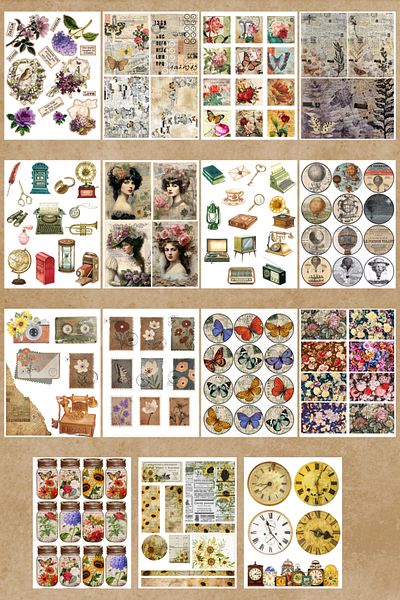 sanatıbedi Set de 15 foi de autocolante vintage gigantice - autocolant pentru jurnalul Bullet Journal Scrapbook Agenda Telefon Laptop