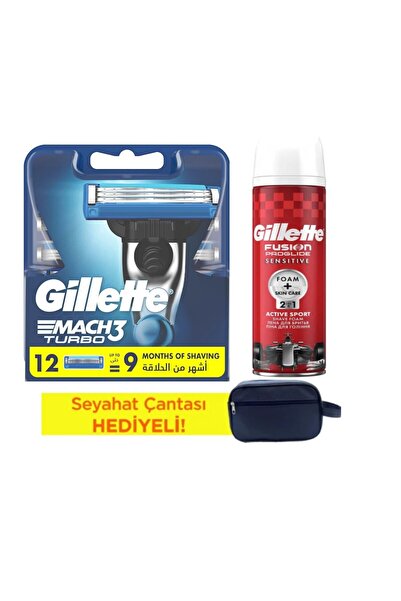 Gillette Mach3 Turbo 12 Li Yedek Tıraş Bıçağı + Gillette Proglide 250 ml Köpü...