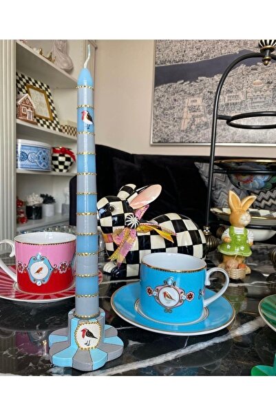 Handmade 1 adet şamdan 1  adet mum ikili pip love birds kuşlu (mavi)