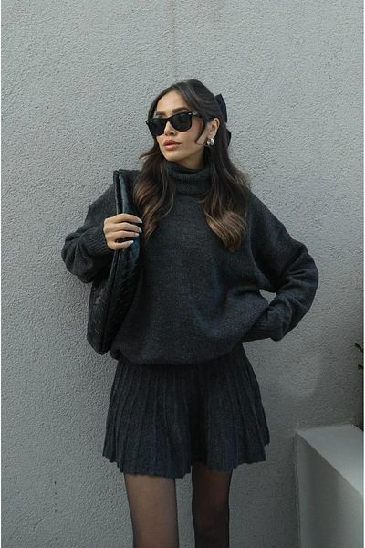 Mooi Butik Anthrazit Falten Minirock Fischerpullover Unterteil Oberteil Strickset
