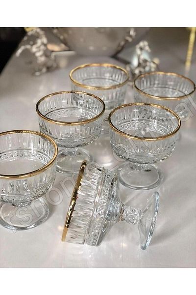 Paşabahçe Set of 6 Elysia Gold Gilded Ice Cream Snack Bowls with Feet 250 Cc -r