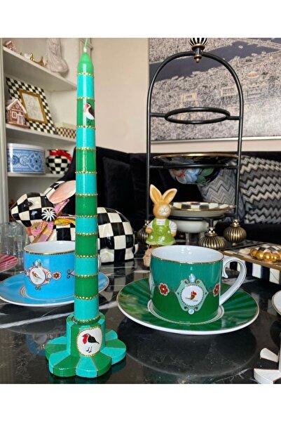 Handmade 1 adet şamdan ve 1 adet mum ikisi birarada pip kuşlu el boyama (yeşil)