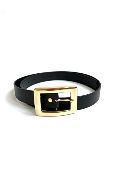 FREYA MODA Black Women's Belt with Gold Square Buckle