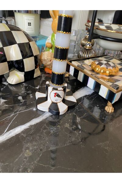 Handmade siyah beyaz pip love birds kuş desenli şamdan