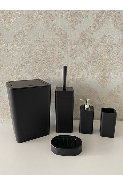 Trend Banyo Mutfak 5 Pieces Black Square Silver Matte Bathroom Set - Wcbrush Holder, Liquid - Solid Soap Dispenser, Dustbin, Toothbrush Holder