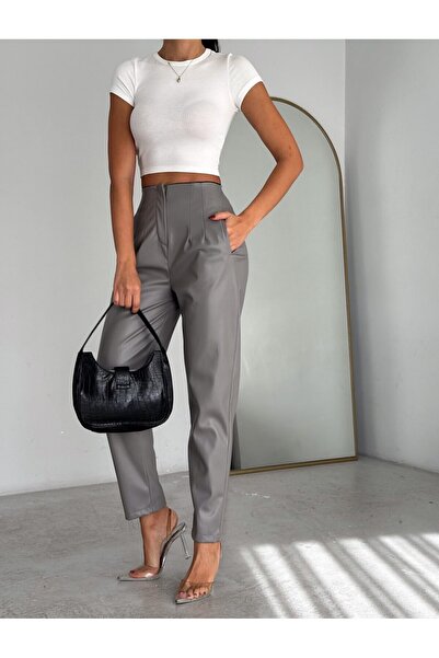 Winmoda34 Pantaloni de damă din piele gri cu talie înaltă - clasici cu talie subțire