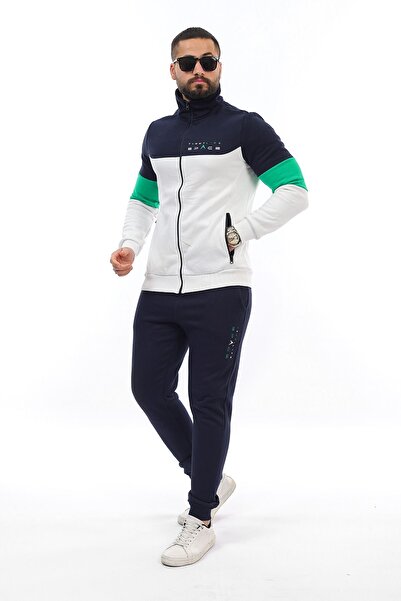 TOMMY LIFE Men's Zippered Stand Collar Color Transition Print Detailed Raised Tracksuit Set 85186 Ecru-Indigo