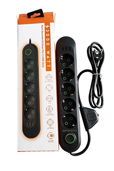 Genel Markalar Termal Akım Korumalı 3000watt 5li Priz 3 USB li 1,5 Metre Priz