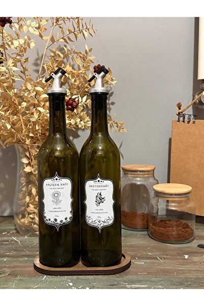 Genel Markalar Ahşap Stantlı Amber 2'li 750 Ml Zeytinyağı Sıvıyağ Şişesi Yağd...