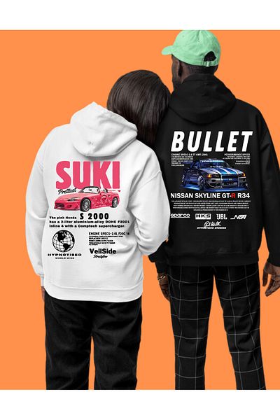 AEMİ Hanorac alb cu glugă supradimensionat - Fast and Furious, imprimat SUKI BACK