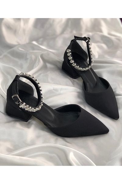 MİKANA MODA Material satinat - Pantofi de damă cu toc mic cu detalii de piatră
