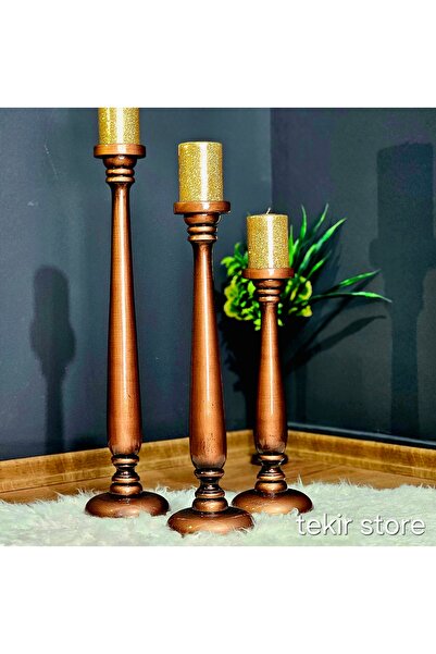 Tekir Ahşap 3 lü Yer Şamdanı Büyük Boy Antik Bakır Rengi Dekoratif 40cm 50cm 60cm