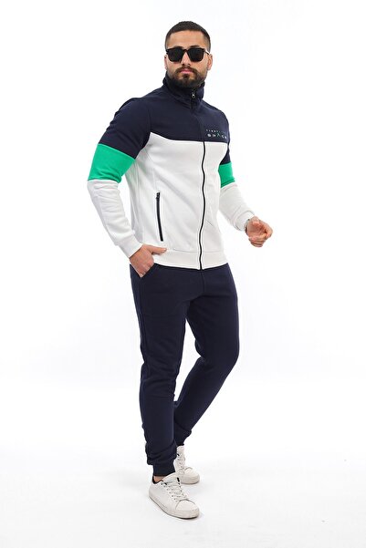 TOMMY LIFE Men's Zippered Stand Collar Color Transition Print Detailed Raised Tracksuit Set 85186 Ecru-Indigo