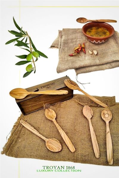 TROYAN 1868 6 PIECES NATURAL OLIVE WOOD SOUP SPOON, DOWERY IN A WOODEN BOX - RETRO STYLISH PRESENTATION SET