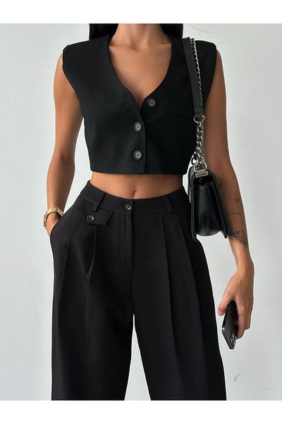 DEEFWEAR Women's Cuff Button Detailed Waist Pleated Black Pants