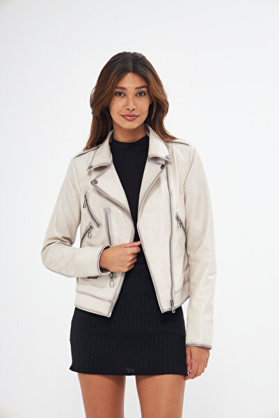 gorgitino Kadın Hakiki Deri Ceket Bej Renk Dikiş Etrafları Detay Karartma Atı...