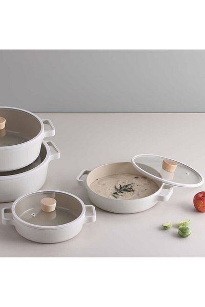 NEOFLAM Fika Beige 9 Piece Induction Cast Iron Sauce Pan Milk Jug Breakfast Set