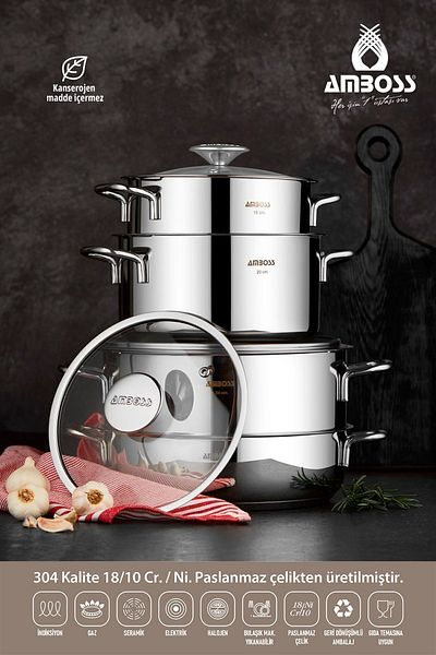 Amboss Cool 8 Piece Stainless Steel Cookware, Induction Base Cookware Set with Glass Lid
