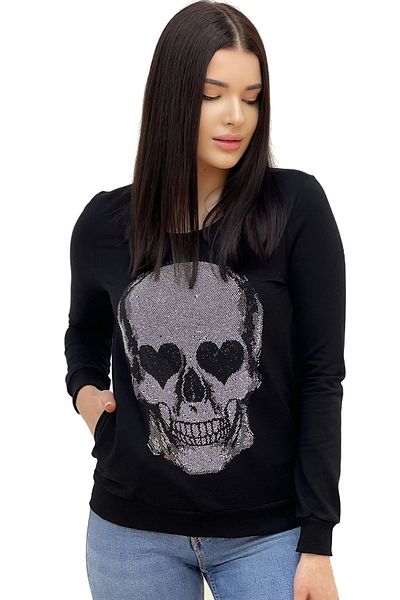 RICH GLAM Plus Size Skull Crystal Stone Cotton Black Sweatshirt - Relaxed Fit