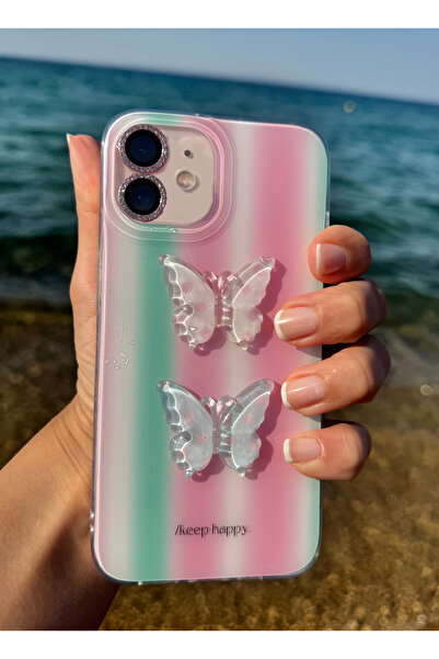 EDELFU İphone 12 Ve 12 Pro Uyumlu Pembe Sevimli Epoksi Kelebek Süslü Kılıf