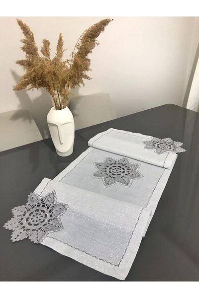 Parla Life Glitter Silver Runner with Knitted Motif 40X125 cm