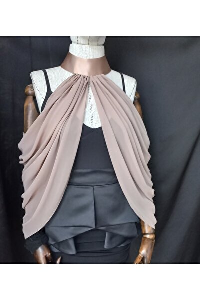 es moda shop Rani boyundan düğmeli şifon abiye gelin şalı sütlü kahve