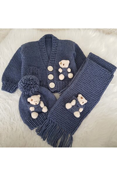 El örgüsü Ayıcıklı El Örgüsü Unisex Bebek Çocuk Hırkası Bere ve Atkı Set