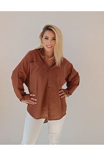 HC Boutique Υπερμεγέθη λινό πουκάμισο - Μεγάλη μονή τσέπη, νέο μοντέλο