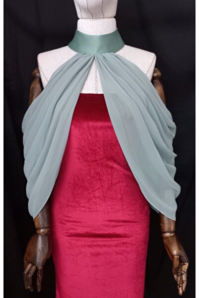 es moda shop Rani boyundan düğmeli şifon abiye gelin şalı mint yeşil